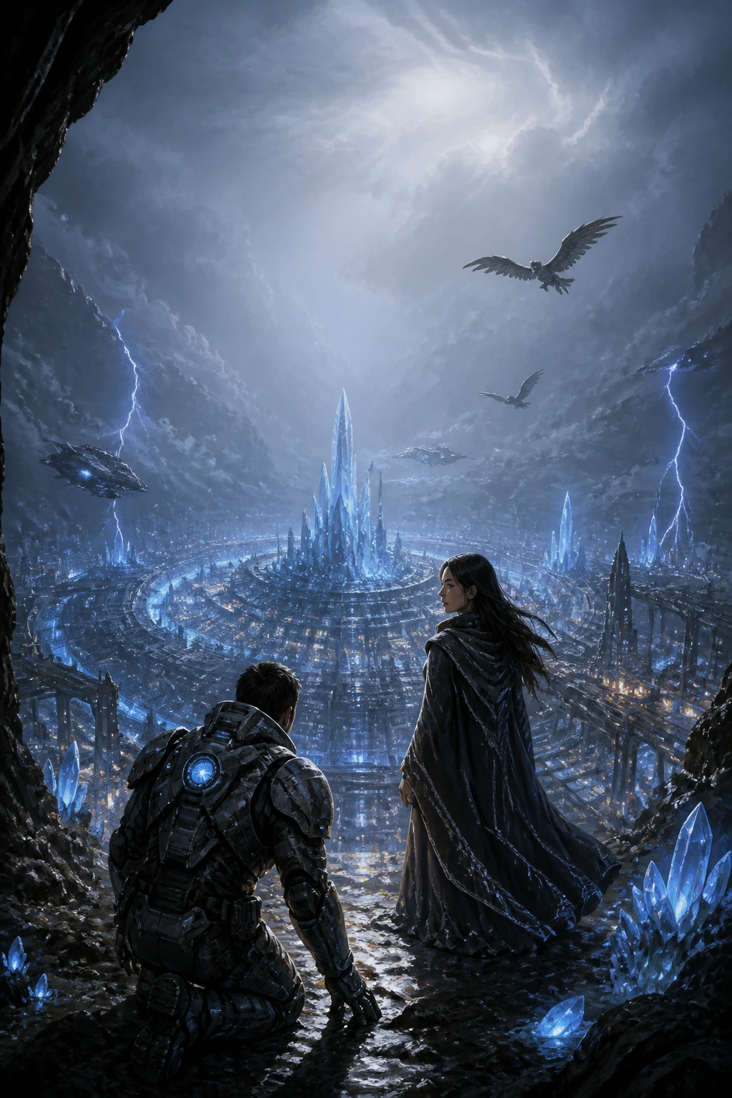 Cover artwork for The City Below the Clouds, showing two characters overlooking a futuristic crystal city