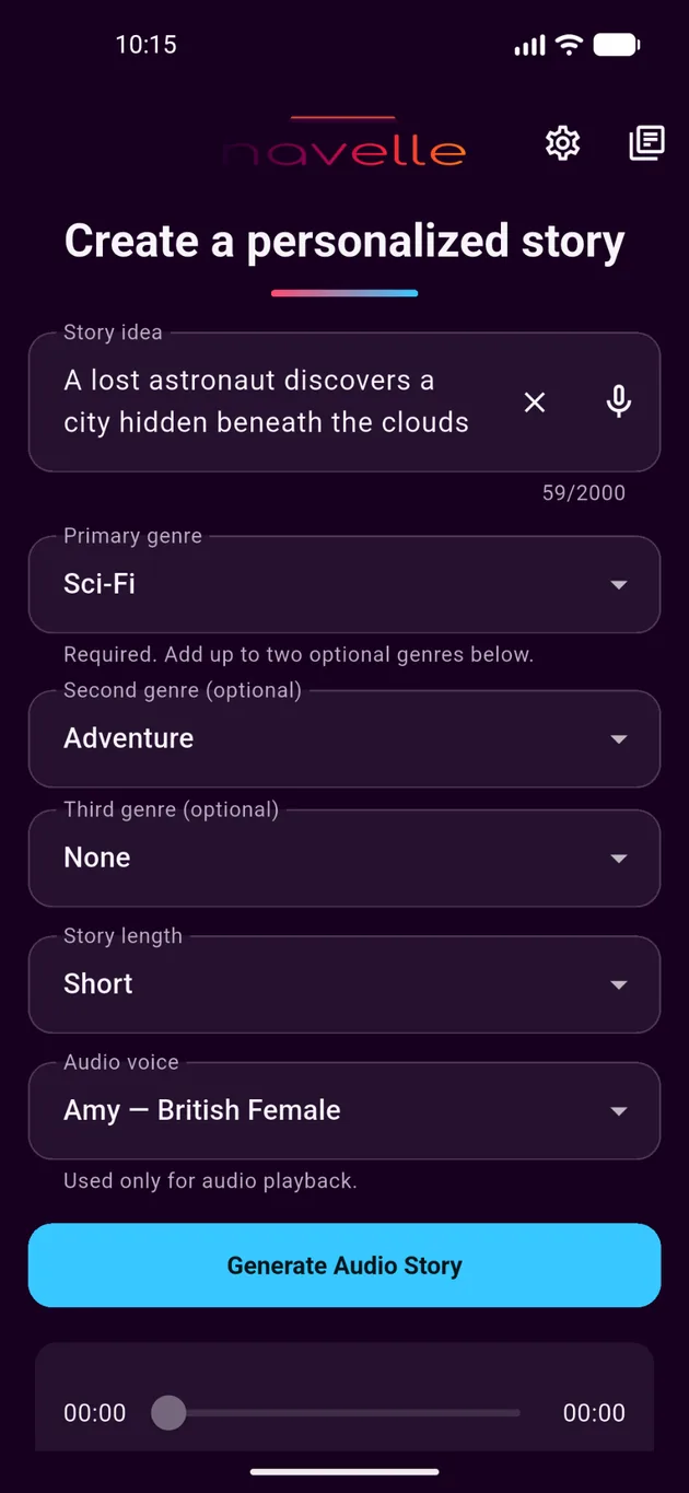 Navelle story generation screen with story idea, genres, length, voice, and generate button