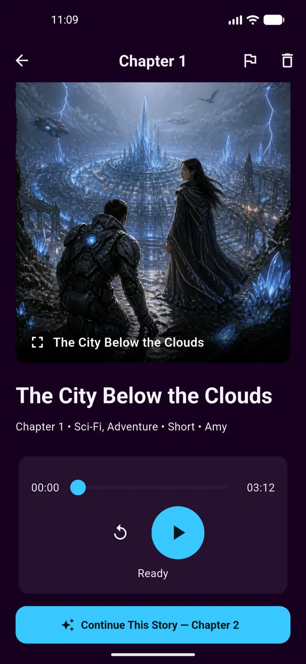 Navelle chapter player showing cover art, story details, audio controls, and a continue button