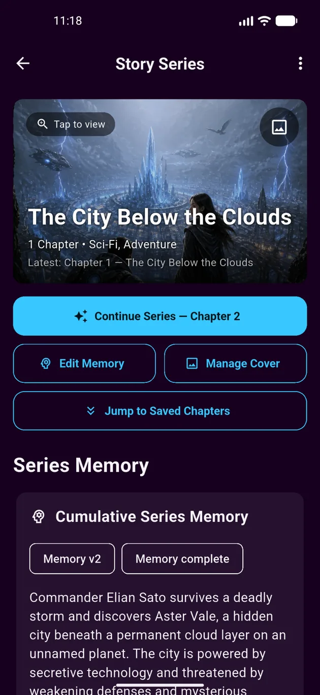 Navelle story series overview with continue series, edit memory, cover management, and cumulative memory