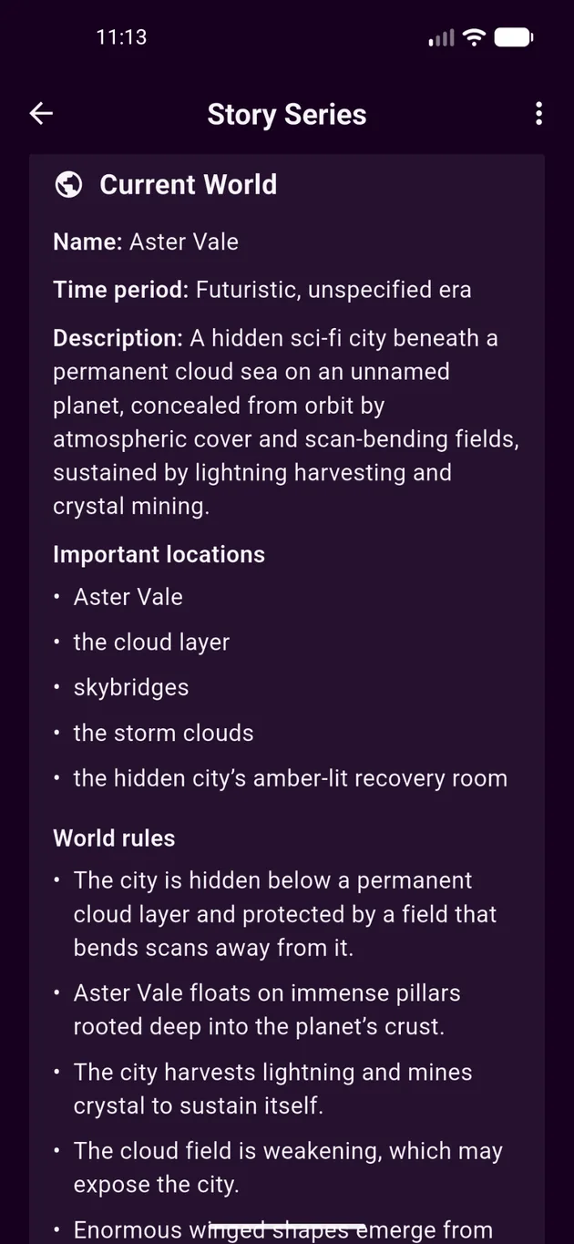 Navelle current world screen showing a world description, important locations, and world rules