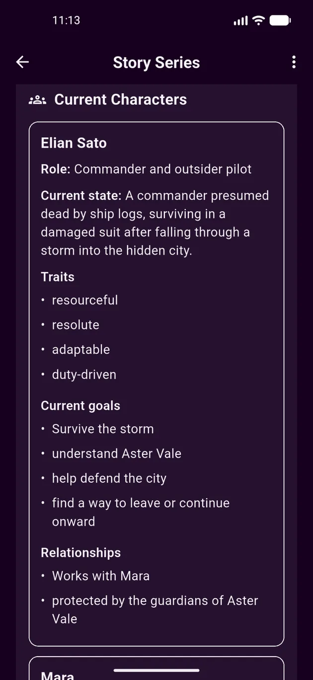 Navelle current characters screen showing character role, current state, traits, goals, and relationships