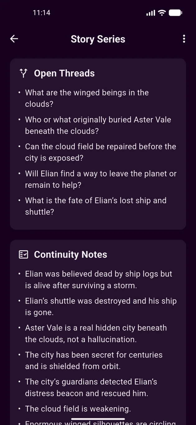 Navelle open threads and continuity notes screen