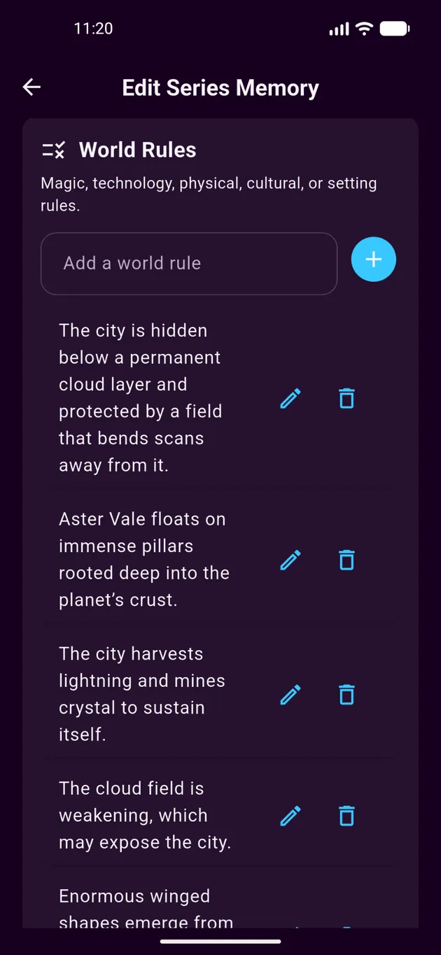 Navelle edit series memory screen for adding, editing, and deleting world rules