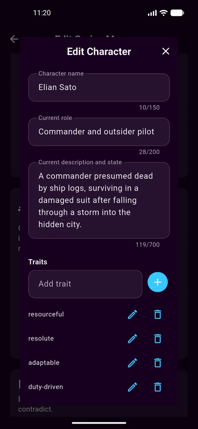 Navelle edit character screen for changing a character name, role, state, and traits