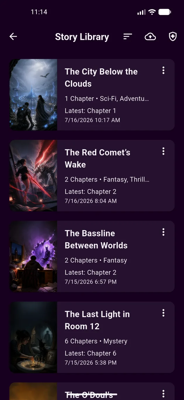 Navelle story library showing multiple series with cover artwork, genres, chapter counts, and dates