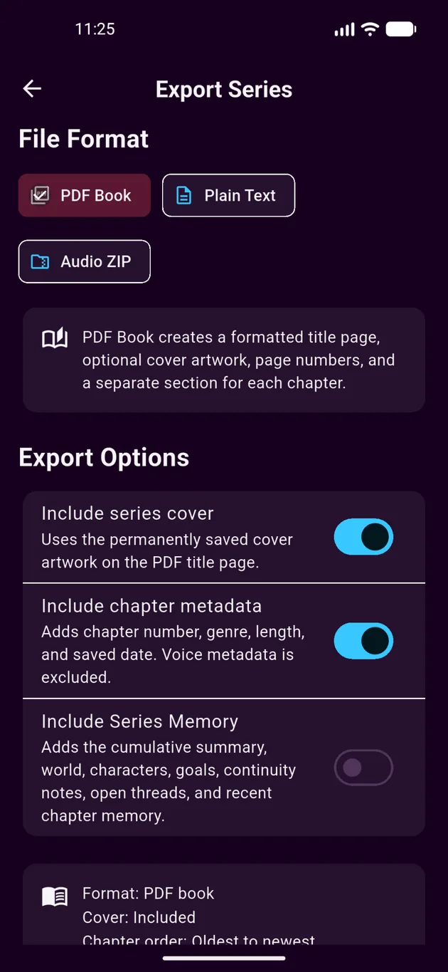 Navelle export series screen with PDF book, plain text, audio ZIP, and metadata options
