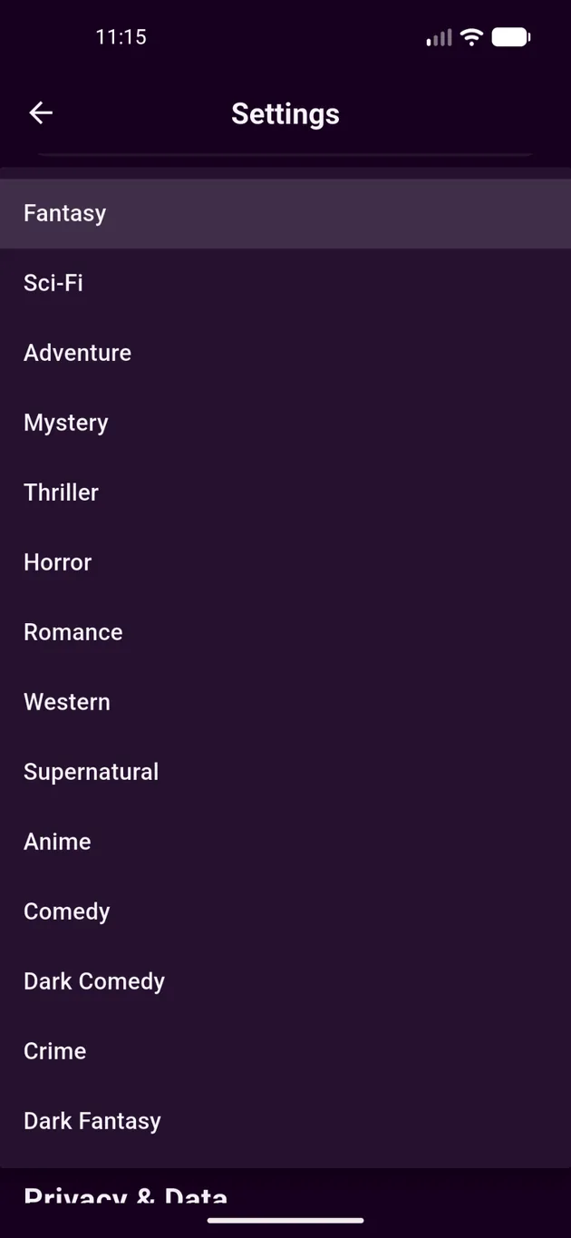 Navelle settings screen showing available genres including fantasy, science fiction, adventure, mystery, and more