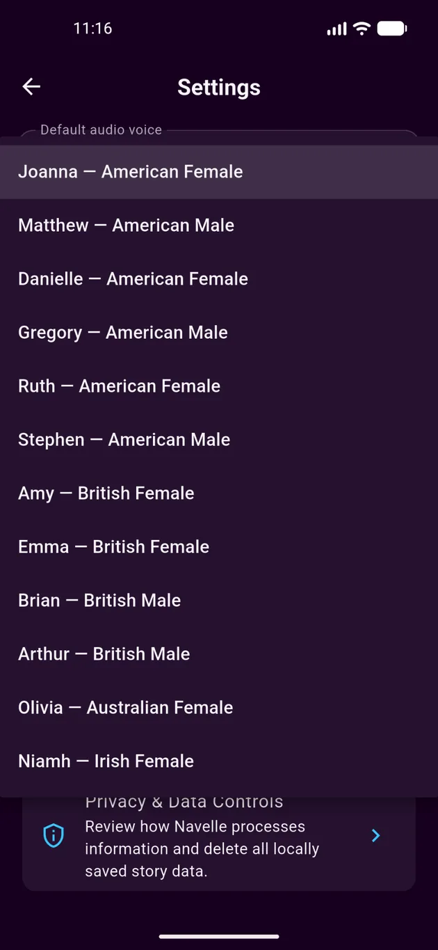 Navelle settings screen showing narration voices with American, British, Australian, and Irish options