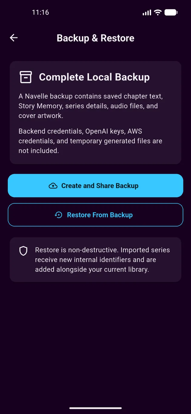Navelle backup and restore screen with local backup and non-destructive restore options