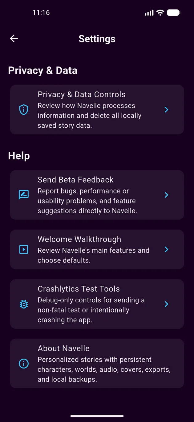 Navelle settings screen showing privacy controls, beta feedback, welcome walkthrough, and about information
